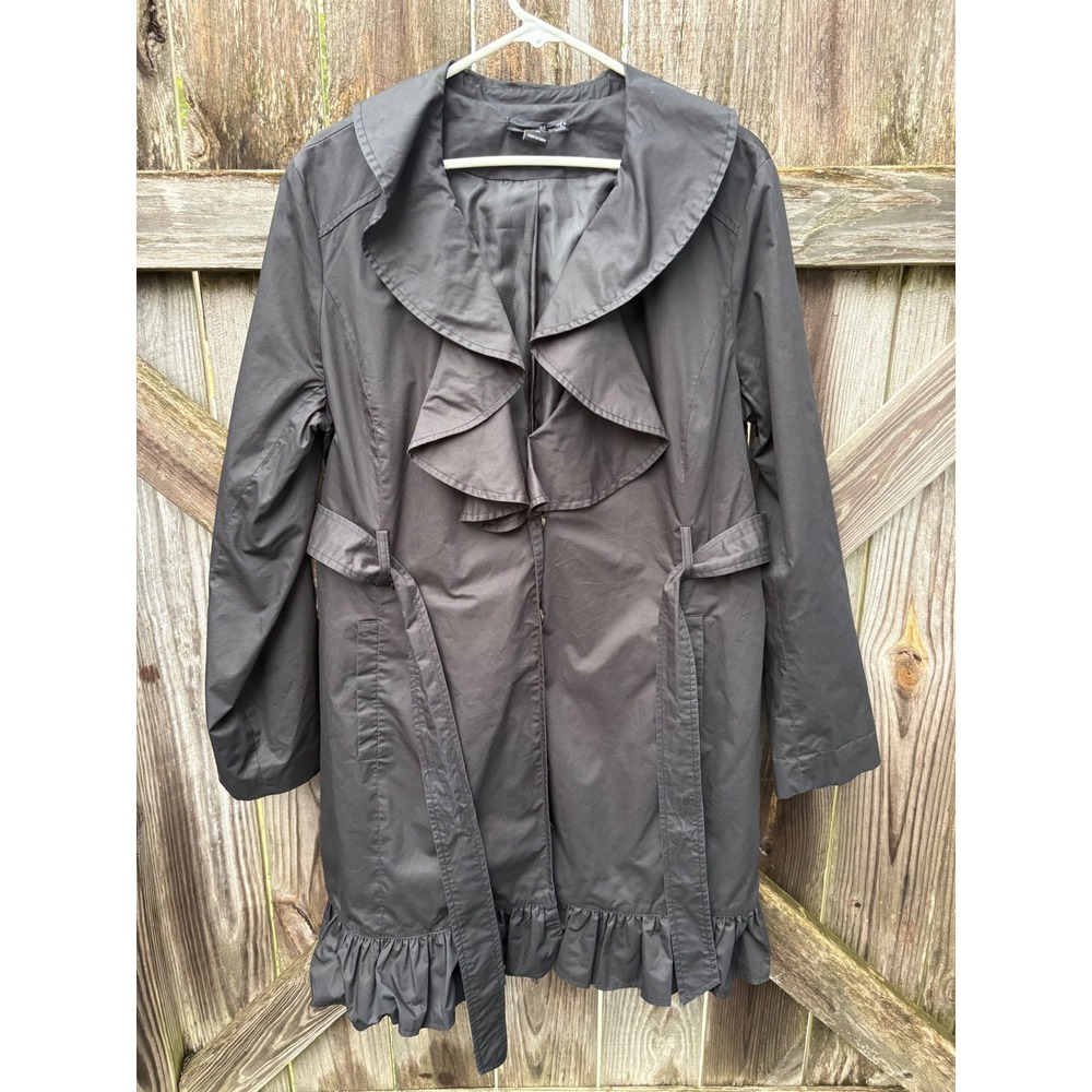 Willi Smith Black Ruffle Collar Trench Coat Womens XL Belted Snap Front V116L